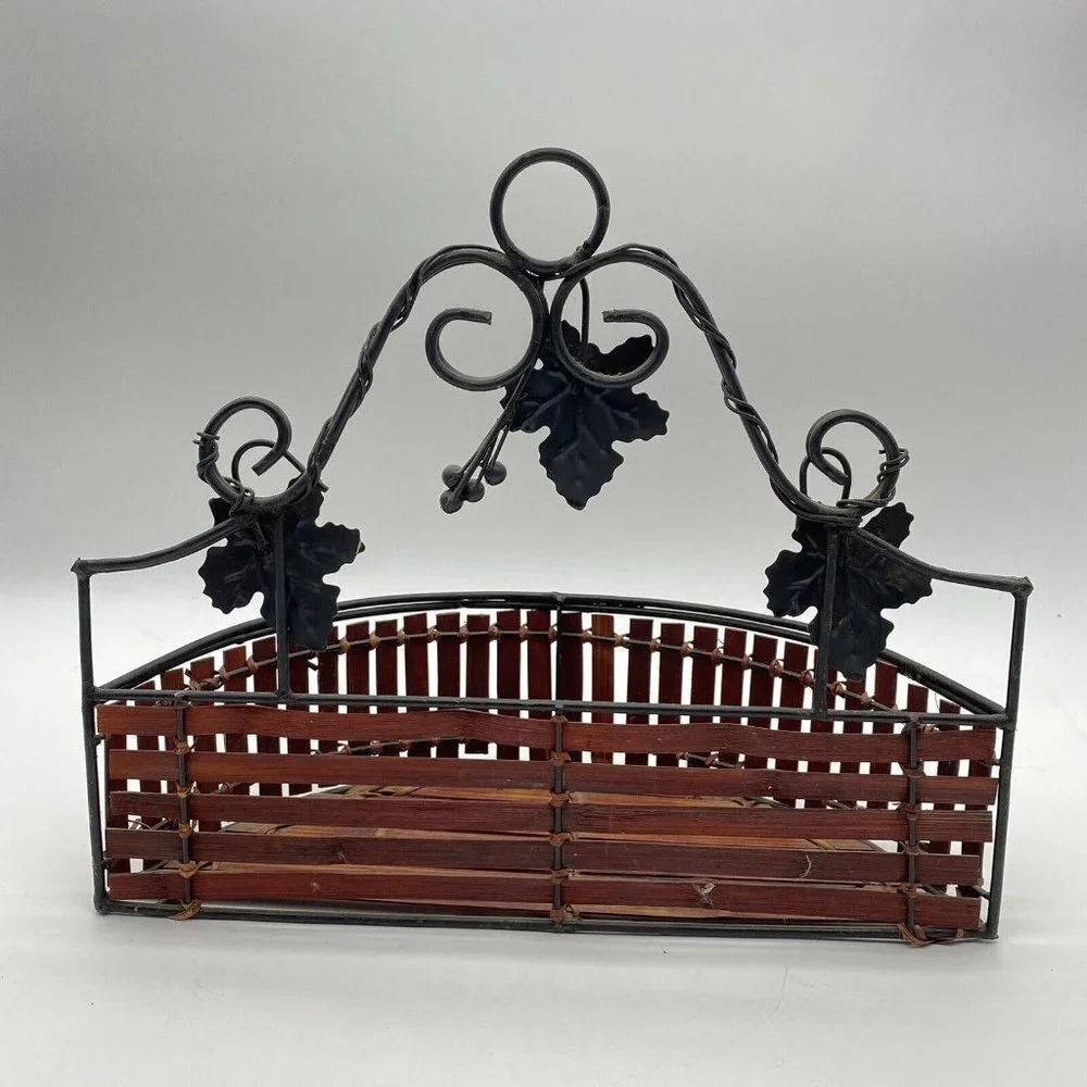 Wall Pocket Basket Semicircle Wood Slat Metal Grape Leaf Scroll French Country‎